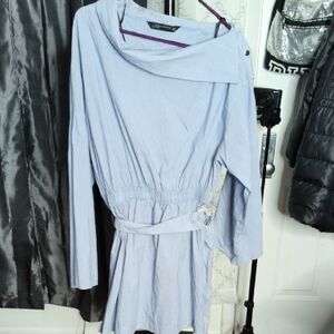 Zara Asymmetric Belted Striped Blouse - Blue & White - Size M